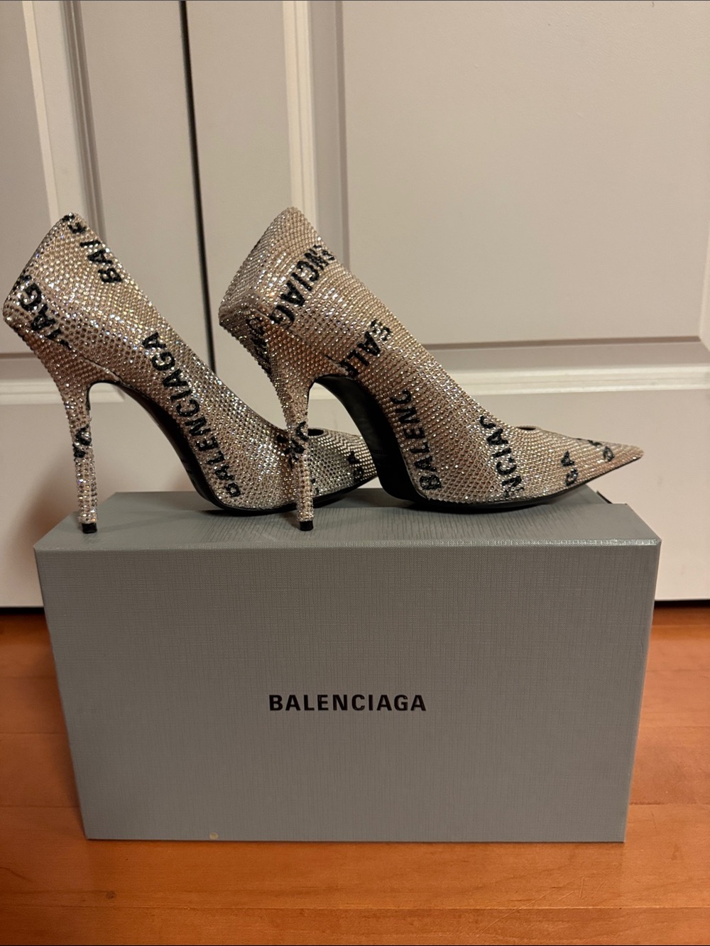 Balenciaga Crystal Logo Pointed Stiletto Pumps - Silver